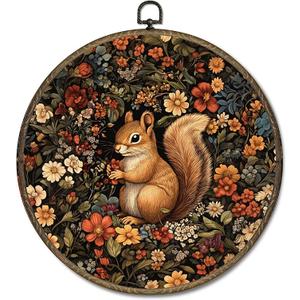 OINDADE Cottagecore Squirrel Round Wall Art Decor, Vintage Retro Squirrel Cabin Wall Art Hanging Decor, Vintage Botanical Forest Animal Framed Canvas Artwork for Living Room Cabin Home, 10x10in