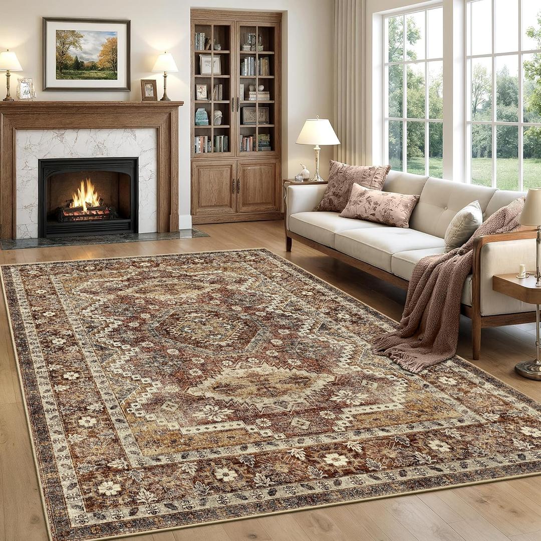 Rugland 9x12 Area Rug - Stain Resistant Washable Rug, Anti Slip Backing Rugs for Living Room, Vintage Tribal Area Rugs (TPR07-Rust, 9'x12')