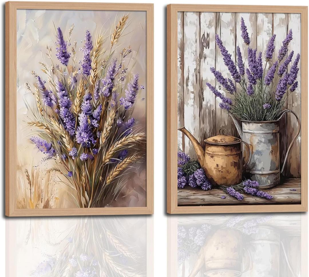 2Pcs Vintage Lavender and Wheat Flower Framed Canvas Wall Art, Modern Farmhouse Pictures Prints Artwork, Rustic Cottage Country Floral Paintings for Living Room Bedroom Bathroom Kitchen, 12x16in