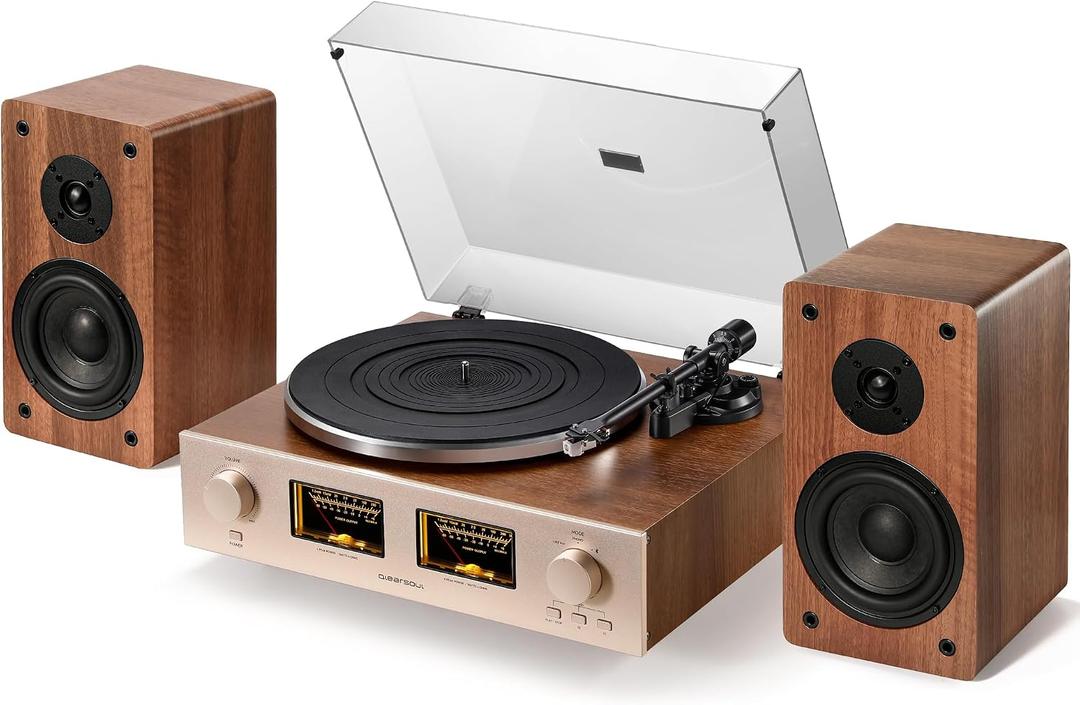 QLEARSOUL HiFire X Vinyl Record Player, Audiophile HiFi Turntables System with 100W Bookshelf Speakers,VU Meter, DSP Preamp, Support 33/45 RPM, RCA LINE in | Out