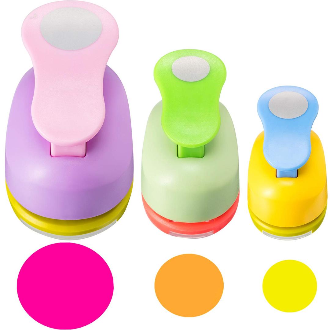 Chengu 3 Pack Craft Paper Punch Circle 2, 1 and 5/8 Inch Punch Paper Punchers Round with 10 Pcs Sticker, Cutter Purple Green Yellow for Card Making Scrapbook DIY Albums Photos Office Supplies