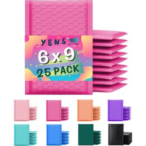 Yens Poly Bubble Mailers 6x10 25 Pack Hot Pink Waterproof Self Seal Adhesive Shipping Bags, Cushioning Padded Envelopes for Shipping, Mailing, Packaging Usable 6x9