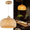 Bamboo Pendant Light, 11.8inch Hand-Woven Natural Wicker Rattan Bamboo Lamp, Beige Boho Hanging Chandelier, Rustic Island Dining Ceiling Light for Living Room, Kitchen, Farmhouse, Bedroom
