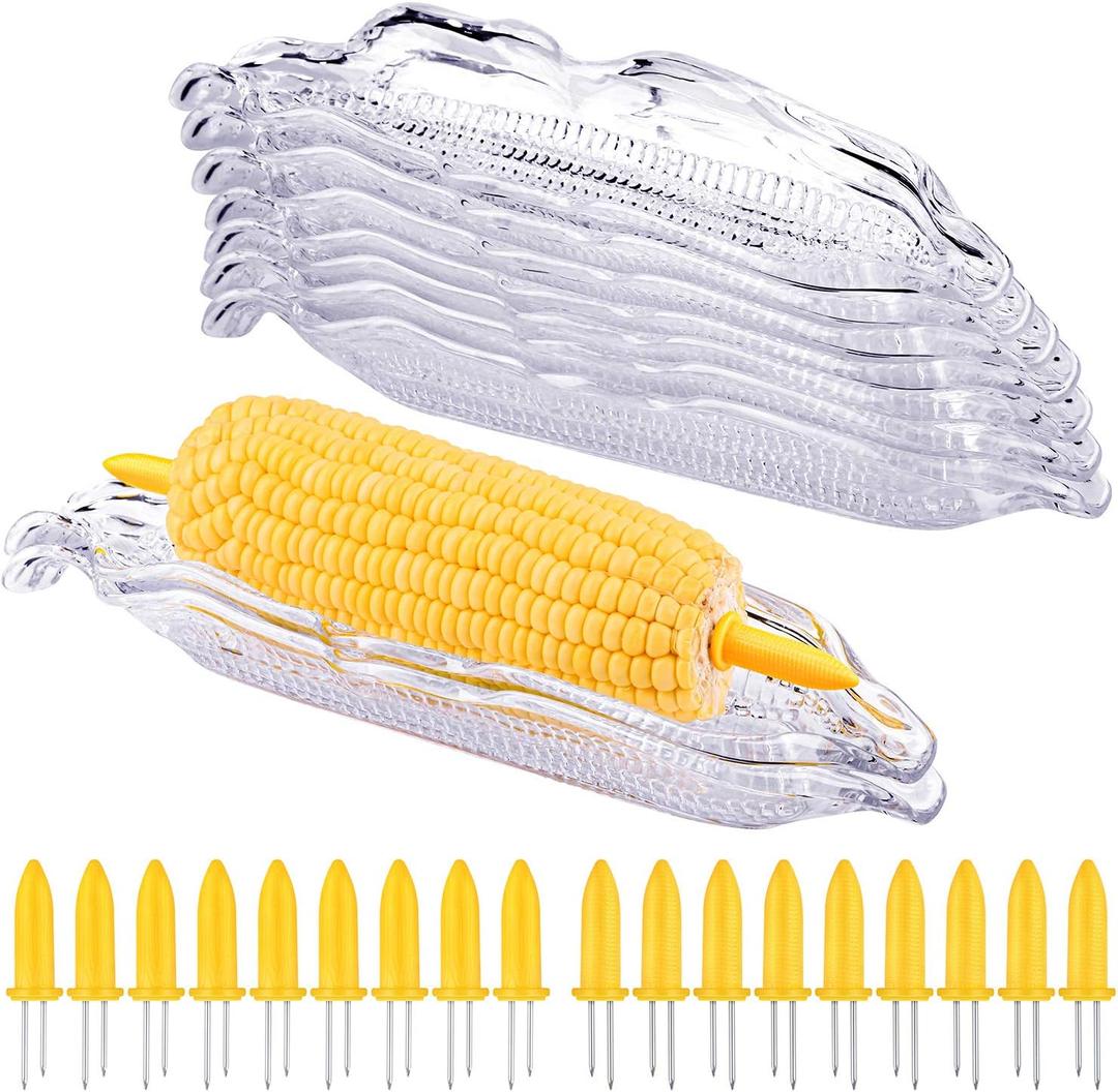 Elcoho 9 Pack Plastic Corn Trays Transparent Corn Dishes with 18 Pieces Stainless Steel Corn Holders on the Cob Skewers Cob Dinnerware