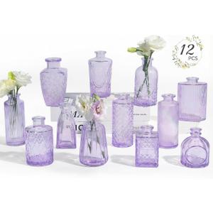 RUCKAE 12 Pack Glass Bud Vases Mini Flower Vase Small Vintage Vases for Centerpiece Table Wedding Decorations Home Decor Party (Purple)