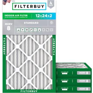Filterbuy 12x24x2 Air Filter MERV 8 Dust Defense (4-Pack), Pleated HVAC AC Furnace Air Filters Replacement (Actual Size: 11.38 x 23.38 x 1.75 Inches)