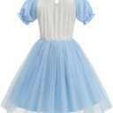 Princess Costume for Girls Halloween Dress with Headband and Stockings (140(6-7T), Blue)
