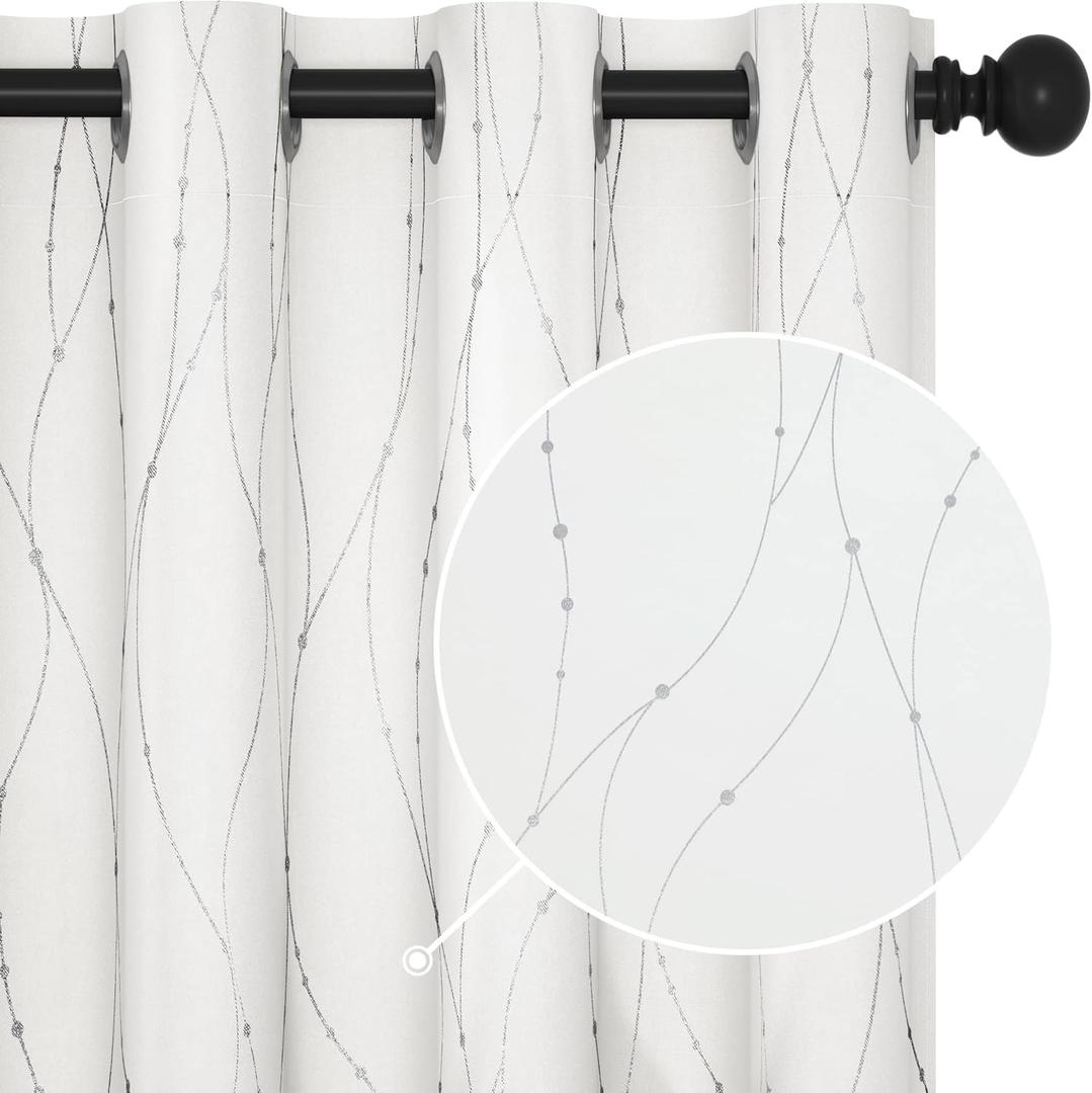 Deconovo Blackout Grommet Silver Pattern Printed Curtains, Pure White, 52W x 84L
