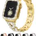 Rhinestones Encrusted Metal Bracelet and Case, Compatible with Apple Watch Bands41MM(Series 9/8/7)- Bling Gold Women's Jewelry Strap, Luxury iWatch Bracelet with Screen Protector