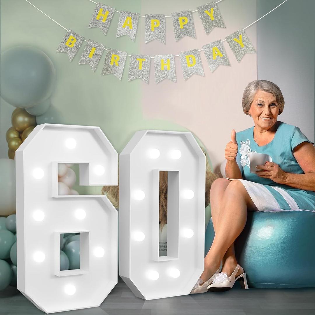 imprsv Marquee Numbers Large 60th-Birthday Decorations: 3ft Light Up Number 60 Birthday Decoration for Women Men Sixty Year Old Anniversary Party Decor Backdrop Cardboard Big Mosaic Number 60