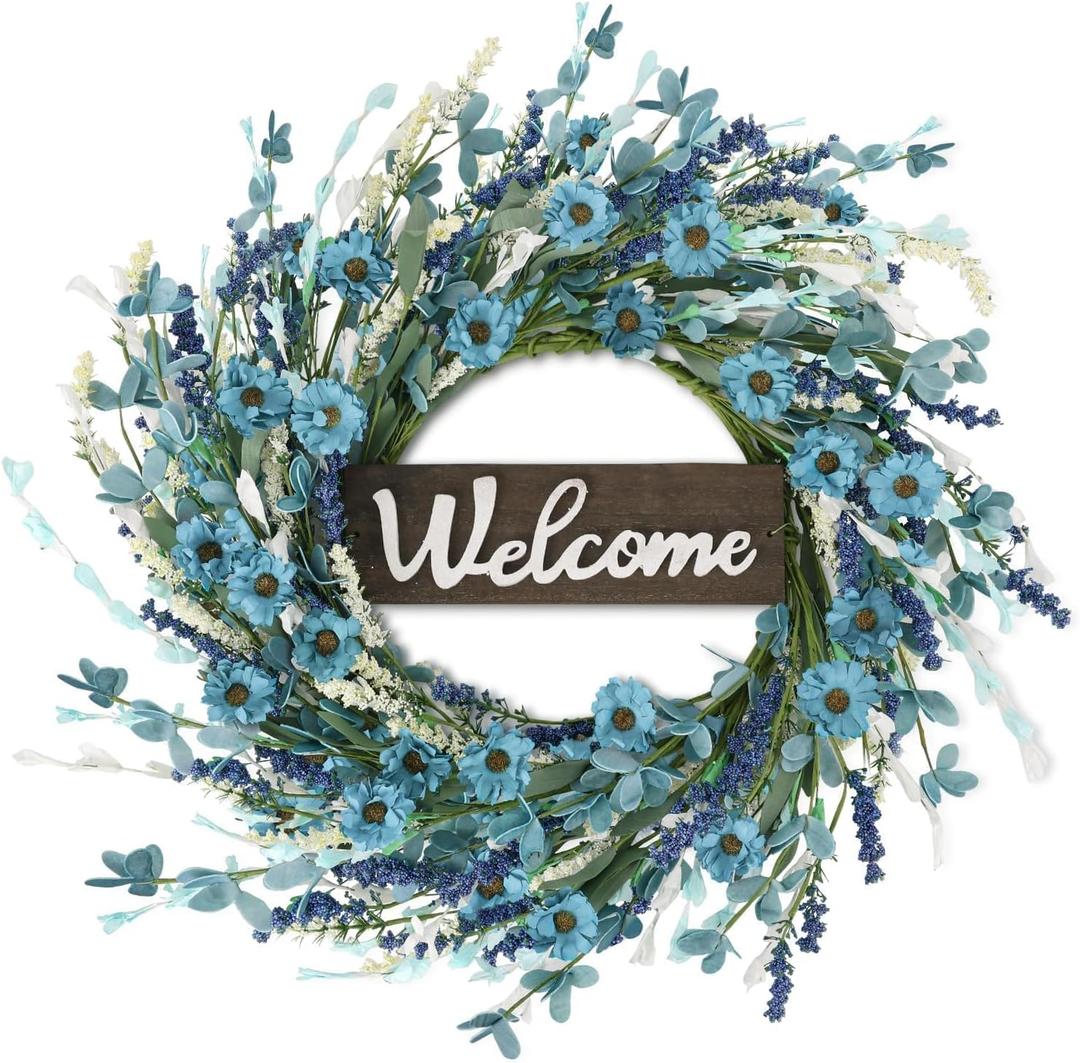 24inch Artificial Blue Forsythia Flower Wreath for Front Door Spring Summer Daisy Lavender Wreaths All Year Around Farmhouse Wild Wreath with Welcome Sign for Outdoor Wall Window Garden Porch Decor