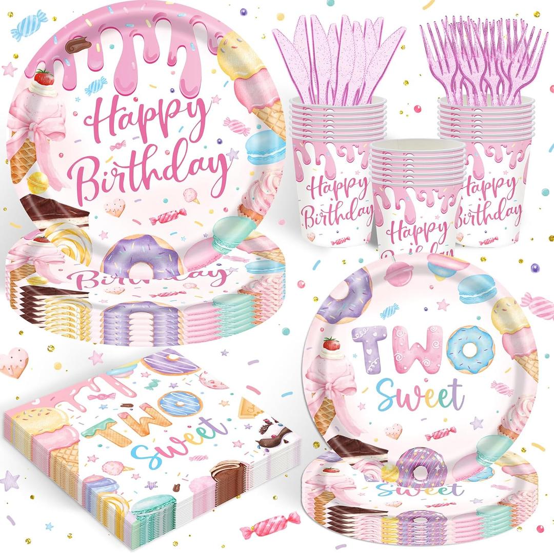 120PCS Two Sweet Birthday Party Supplies Two Sweet Donut Ice Cream Decorations for Baby Girl 2nd Second Birthday Tableware Set Plates Napkins Cups Set for 20 Guests