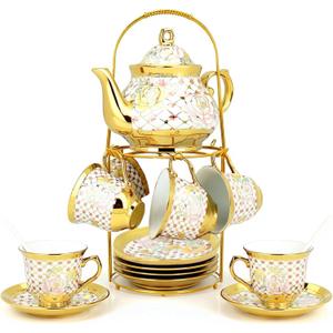 European Ceramic Tea Set for 6 People,20Pcs Porcelain Tea Set with Metal Stand,Vintage Floral Tea Cup and Saucer,Complete Gift Set with Teapot,Spoons for Wedding,Bridal Shower,Afternoon Tea (Gold)