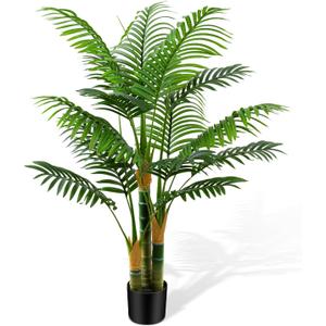 4ft Tall Golden Cane Artificial Tree Palm Outdoor, Large Artificial Plants Outdoor Faux Palm Tree with 3 Textured Trunks, Fake Tree for Indoor Outdoor Office Living Room Outside Patio