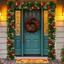 Christmas Garland with Lights, Pre-lit 9ft Christmas Decorations with 50 Warm White LED Lights, Berries, Balls, and Red Flower for Door, Stairs, Railing, Indoor, Outdoor, Battery Operated