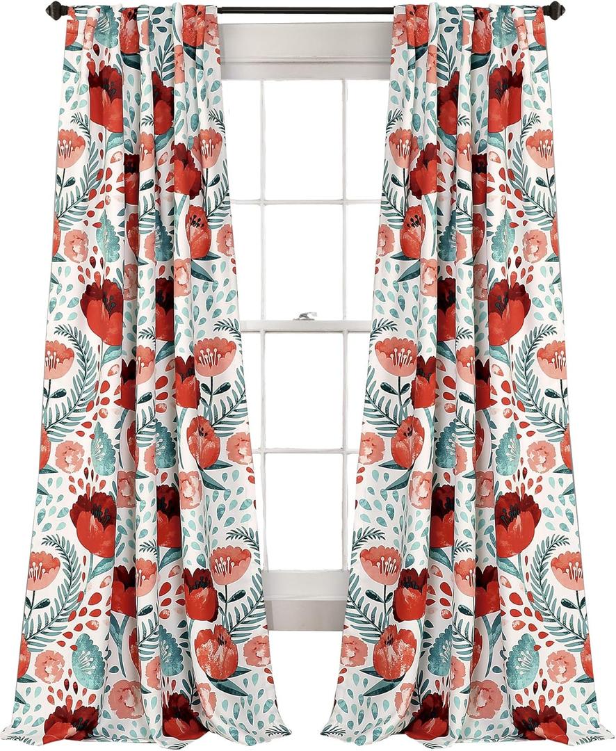 Lush Decor Poppy Garden Curtains Light Filtering Window Set for Living, Dining, Bedroom, 84 in L Panel Pair, Multi (52"W x 84"L (Pack of 2))