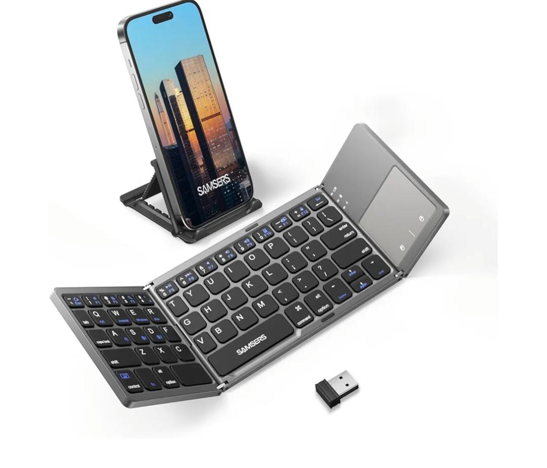 Samsers MultiDevice Foldable Bluetooth Keyboard with Touchpad Rechargeable DualMode(2.4G+BTx2) Wireless Keyboard with Holder, Portable Ultra Slim Folding Keyboards for Android Windows iOS Mac OS