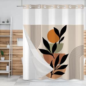 No Hook Boho Mid Century Shower Curtain with Snap in Liner Modern Minimalistic Leaves Hotel Style & Top Sheer Window Double Layers Waterproof Fabric with See Through Top Window 71x74 Inch
