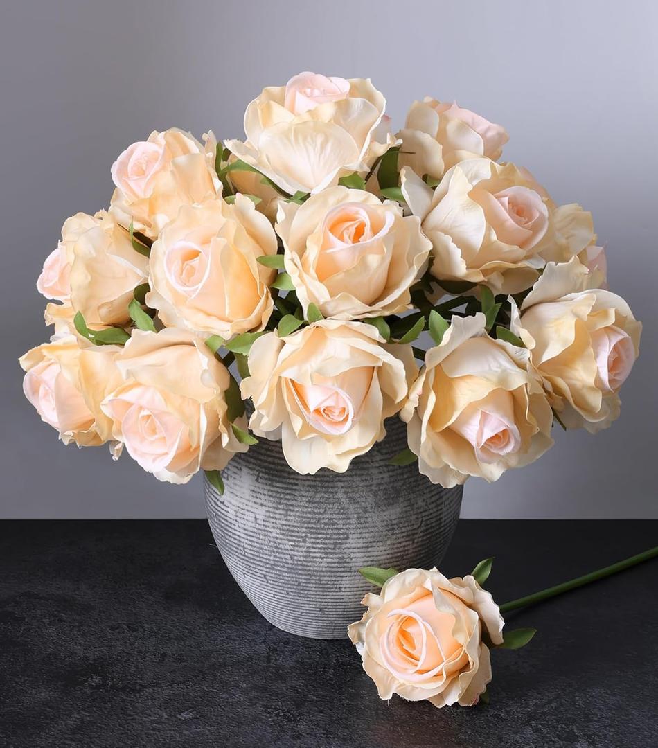Ivydale 18pcs Champagne Roses Artificial Flowers, Fake Roses Silk Flowers with Stems Realistic Bouquet for Wedding Party Home Decoration DIY Centerpiece Floral Romantic Gifts