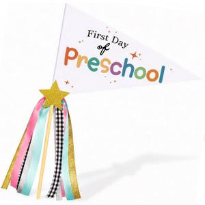 First Day of School Flag, Preschool Back to School Pennants | First Day of Preschool Sign Flags with Ribbons,Back to School Photo Props
