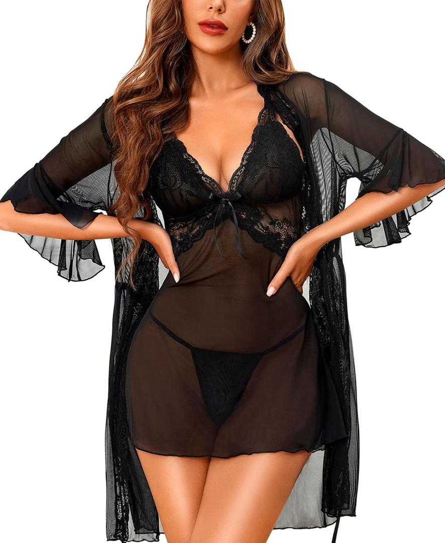 RSLOVE Women Sexy Lingerie Set - 3 Piece Babydoll & Lace Kimono Robe Strap Chemise Nightgown Mesh Sleepwear (Black, XL)