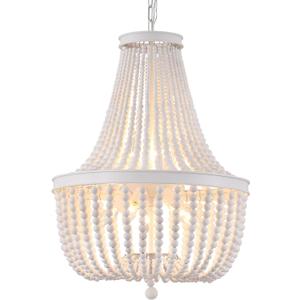 Q&S Beaded Chandelier Farmhouse White Wood Beaded Boho Light Fixture Vintage Antique 8 Lights for Dining Room Nursery Kitchen Foyer Bedroom Living Room UL Listed