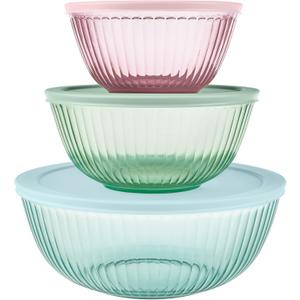 Pyrex Colors Tinted (3-Pack, Full Set) Sculpted Tinted Glass Mixing Bowls With Lids, Nesting Space Saving Set of Bowls For Prepping and Baking, 1.3QT, 2.3QT & 4.5Q, Aqua (Pink, Green, Aqua)