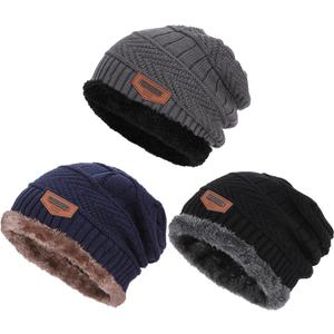 Kids Winter Thick Beanie Hat Scarf Set Slouchy Warm Snow Knit Skull Cap (3 Hats (Black,gray,navy))