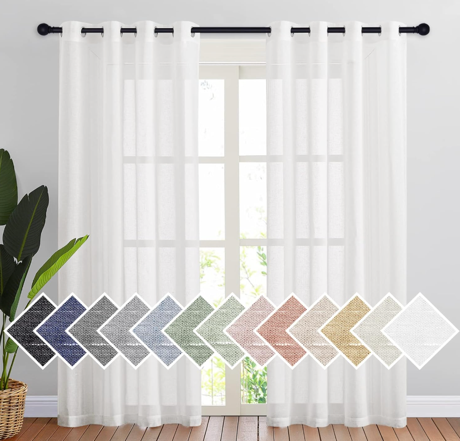 NICETOWN White Sheer Linen Curtains for Living Room 84 inch Length 2 Panels Set, Grommet Semi Sheer Privacy with Light Filtering Flax Window Treatments for Bedroom, W52 x L84