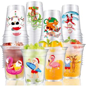 16Pcs Christmas in July Party Cups Christmas in July Plastic Cups, Disposable 12 oz Tropical Summer Cup with Stickers for Summer Xmas Party Supplies