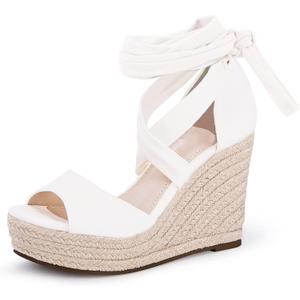 Womens Espadrilles Wedges Sandals Heels Open Toe Tie Lace Up Platform Ankle Strap Summer Dress Shoes (6.5, 4-white)