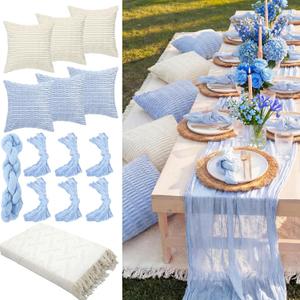 Beeveer 91 x 71 Extra Large Outdoor Boho Picnic Blanket with Table Runner Light Blue, 6 Throw Pillow Covers 6 Napkins Woven Cotton Yarn Oversize Beach Blanket Washable Picnic Camp Wedding