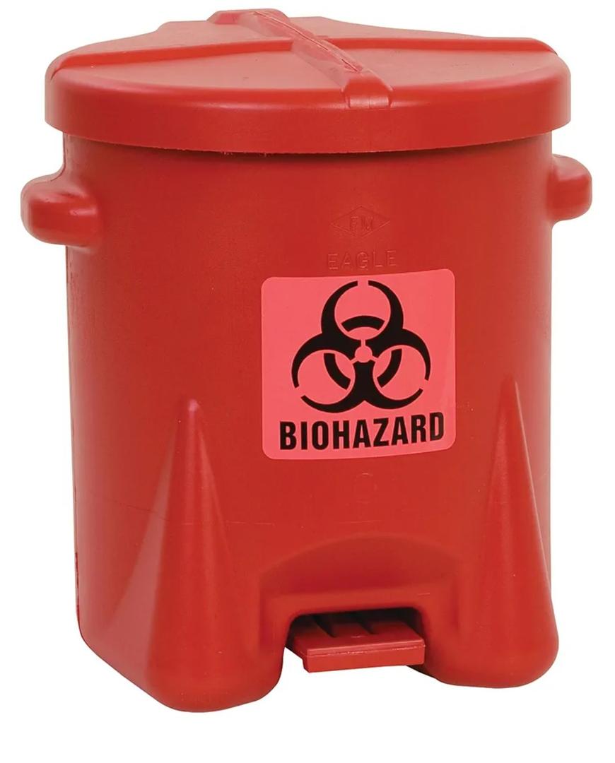 Eagle 6 Gallon Biohazard Trash Can with Foot-Operated Self-Closing Lid, 16.5" x 13.5" x 16", Made in The USA from High-Density Polyethylene, Red, 943BIO