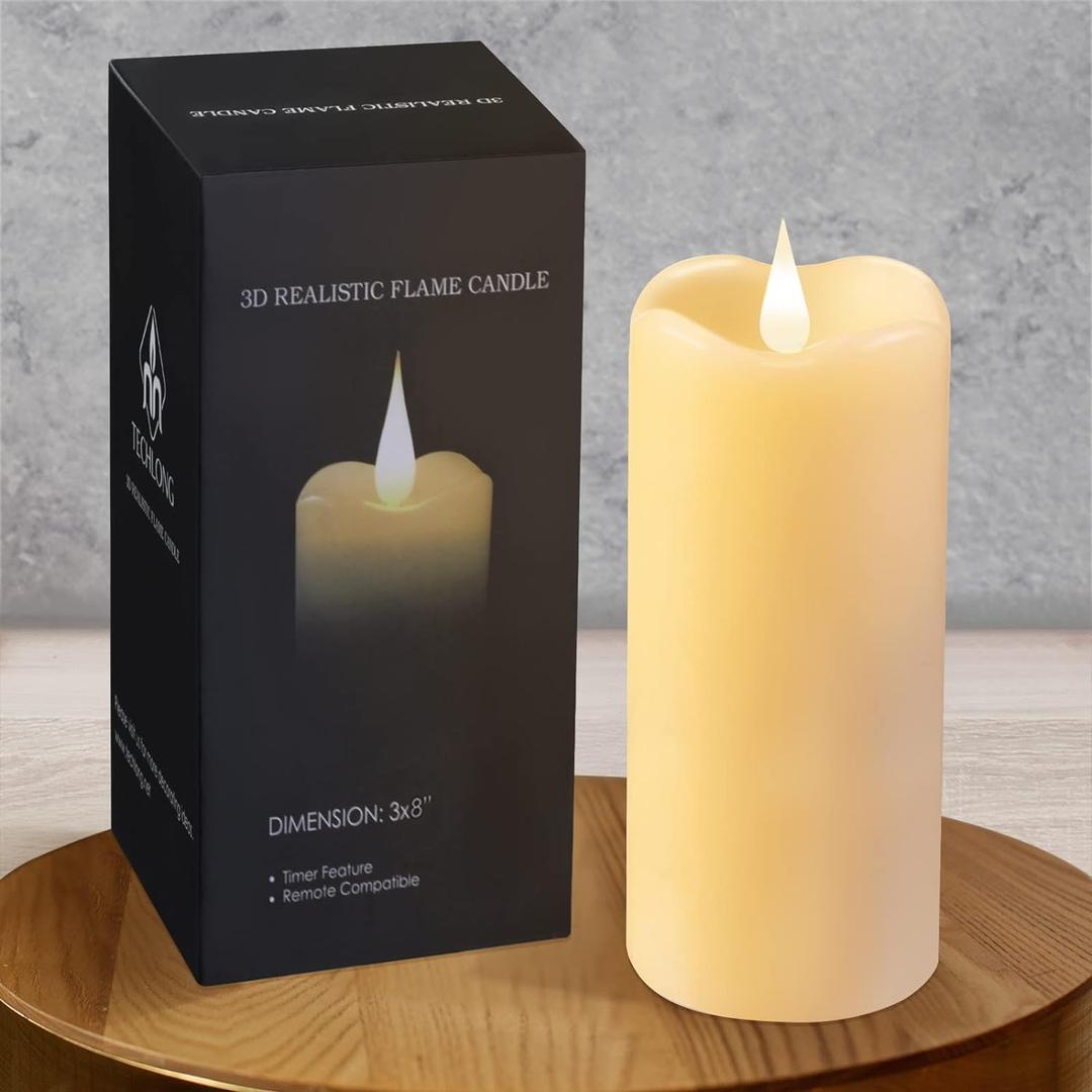 Flickering Flameless Candles with 3D Moving Flame, Last 1000+ Hours Battery Operated Candles with Timer, Ivory Real Wax Pillar Electric LED Candle for Wedding Christmas Party/3" x 8"