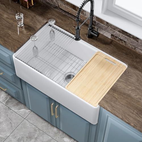 HOMLYLINK White Farmhouse Workstation Sink 31 x 18 Inch, Firecaly Apron Front Undermount Farm Sink, Single Bowl, w Accessories 4 Types, Reversible (Sleek & Fluted Optional), Pure White, for Kitchen