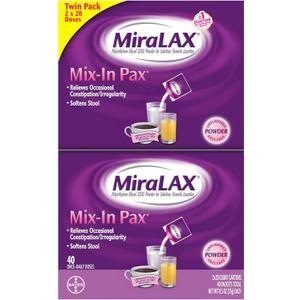 MiraLAX Laxative Powder for Gentle Constipation Relief for Adults, Stool Softener with PEG 3350, Nonstimulant Laxative, No Harsh Side Effects, Single Dose Mix-in Pax, Travel Pack, 40 Doses