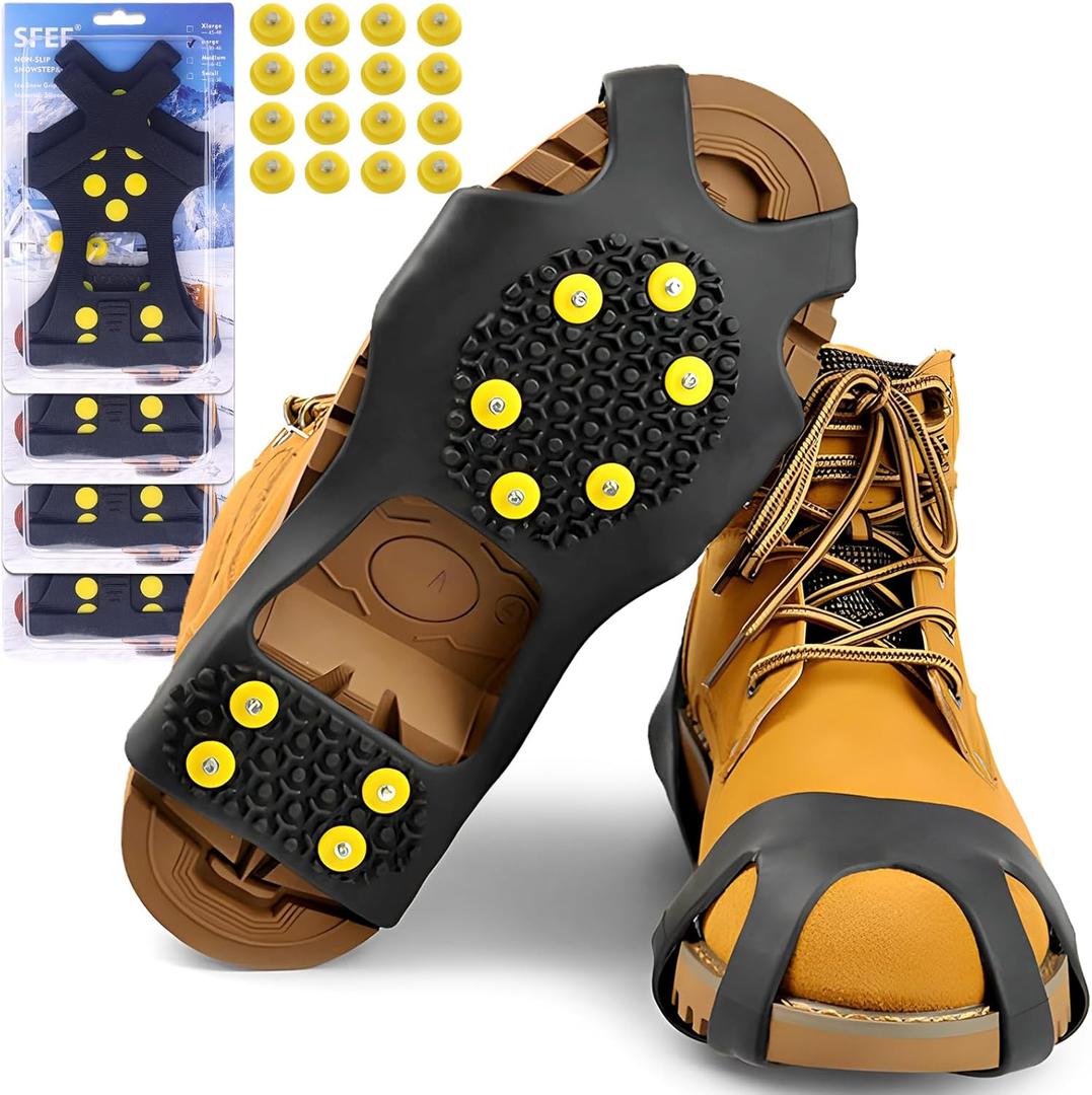 Sfee Ice Cleats for Boots Shoes, Snow Grips Cleats for Ice and Snow Anti-Slip Rubber Traction Cleats for Walking on Snow and Ice 10 Steel Studs Crampons for Hiking, Walking, Climbing, Jogging (M(Women(7-10)/Men(5-8))