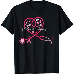 Medical Assistant Pink Stethoscope Heart Pink Breast Cancer T-Shirt, Large