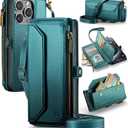 Strapurs Wallet Case Compatible with iPhone 15 Pro Max RFID Blocking 10-Card Holder Soft PU Leather Magnetic Snap Shoulder Strap Zipper Pocket Phone Case Fit for iPhone 15 Pro Max 6.7" - Blue Green