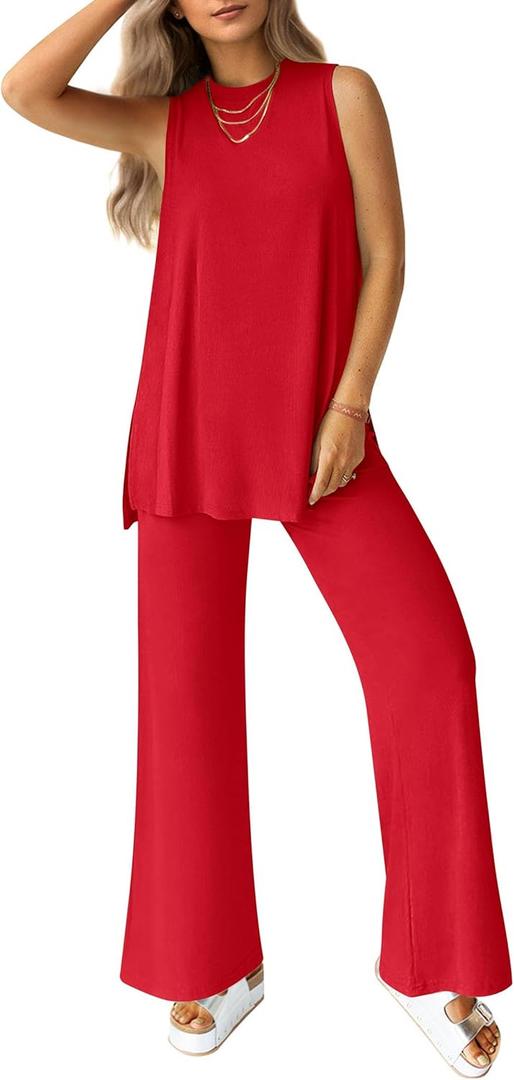 PRETTYGARDEN Women's 2 Piece Lounge Set 2025 Summer Casual Loose Tank Top Wide Leg Pants Matching Travel Outfits Tracksuit (XX-Large, Red)