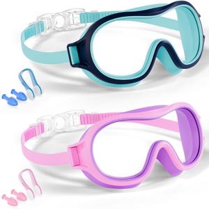 Aegend 2 Pack Swim goggles for Kids 3-15, Anti-Fog Anti-UV Wide Vision Waterproof, No leak Swimming goggles for Boys Girls (Cyan-blue & Purple Pink)