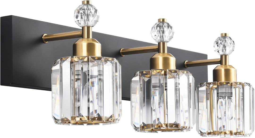 PRESDE Crystal 3 Light Bathroom Vanity Lights Black and Gold Bathroom Lights Fixtures Over Mirror Modern Bath Wall Lighting