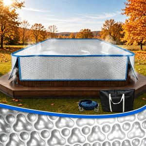 Hot Tub Cover 84.5 x 84.5 x 22 in, Thermal Bubble PE Sheet Solar Spa Cover with Wind Straps & Side-Drop Wrap for 84/83/82 in Square Outdoor Spa, Silver Gray