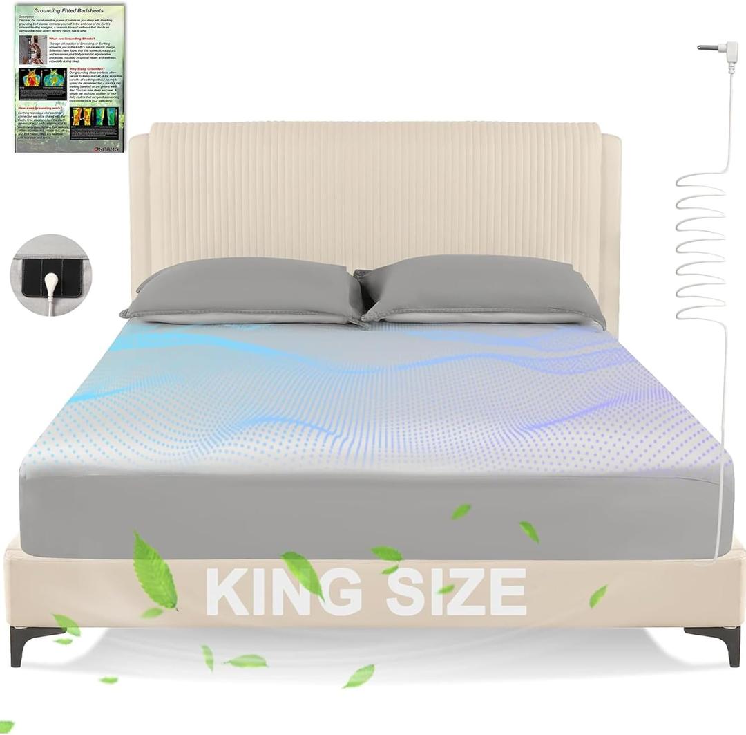 Grounding Sheets King, 90% Organic Cotton with 10% Silver Fitted | Conductive cotton/silver reduces static, improves sleep & Wellness. Safety resistor, 16.4ft cord, easy, durable. 80"x78"x15"