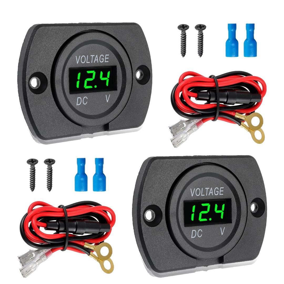 2 Pack DC 12V 24V Waterproof Car Voltmeter with Green LED Digital Display Panel and Mounting Plate Round Voltage Gauge Meter with Terminal for Boat Marine Motorcycle Truck(Green Light)