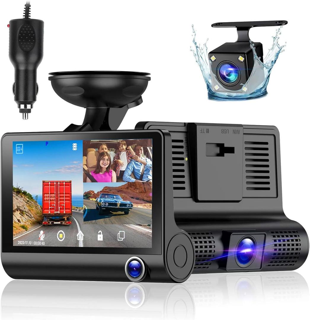 3 Channel Dash Cam Front and Rear Inside, 1296P FHD Three Channels Dash Camera for Car with 4-inch HD Display, Night Vision, G-Sensor, Loop Recording,HDR Motion Detection,Max Support 32GB Card 3 Channel Dash Cam Front and Rear Inside, 1296P FHD Three Channels Dash Camera for Car with 4-inch HD Display, Night Vision, G-Sensor, Loop Recording,HDR Motion Detection,Max Support 32GB Card