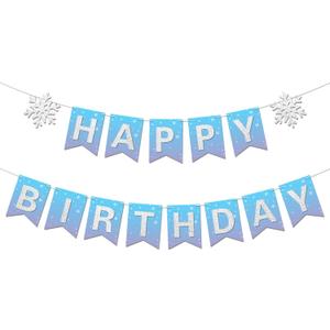 Winter Snowflake Happy Birthday Banner Prestrung intend for Girl Winter Wonderland Frozen Themed Birthday Party Decorations Blue Purple Silver