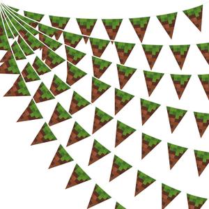 32Ft Pixel Party Decorations Green Brown Miner Themed Fabric Banner Triangle Pennant Flag Garland Streamers for Kids Boys Mining Craft Birthday Pixel Gamer Cartoon Baby Shower Outdoor Garden Supplies