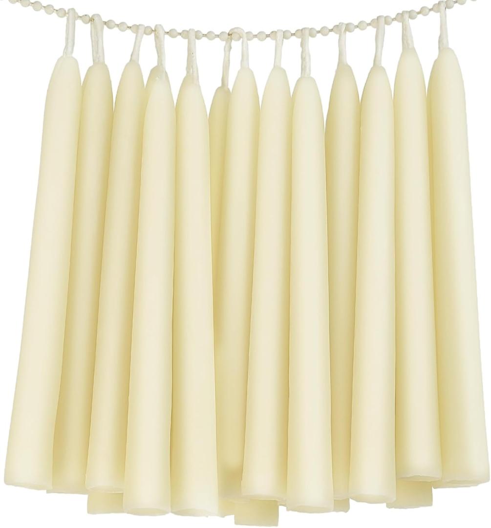 24 Pack Beeswax Taper Candles in Bulk 8 inch Tall - All Natural, 100% Pure Unscented Bee Wax Candle, Dripless, 5 Hours Burnning Time - Off White