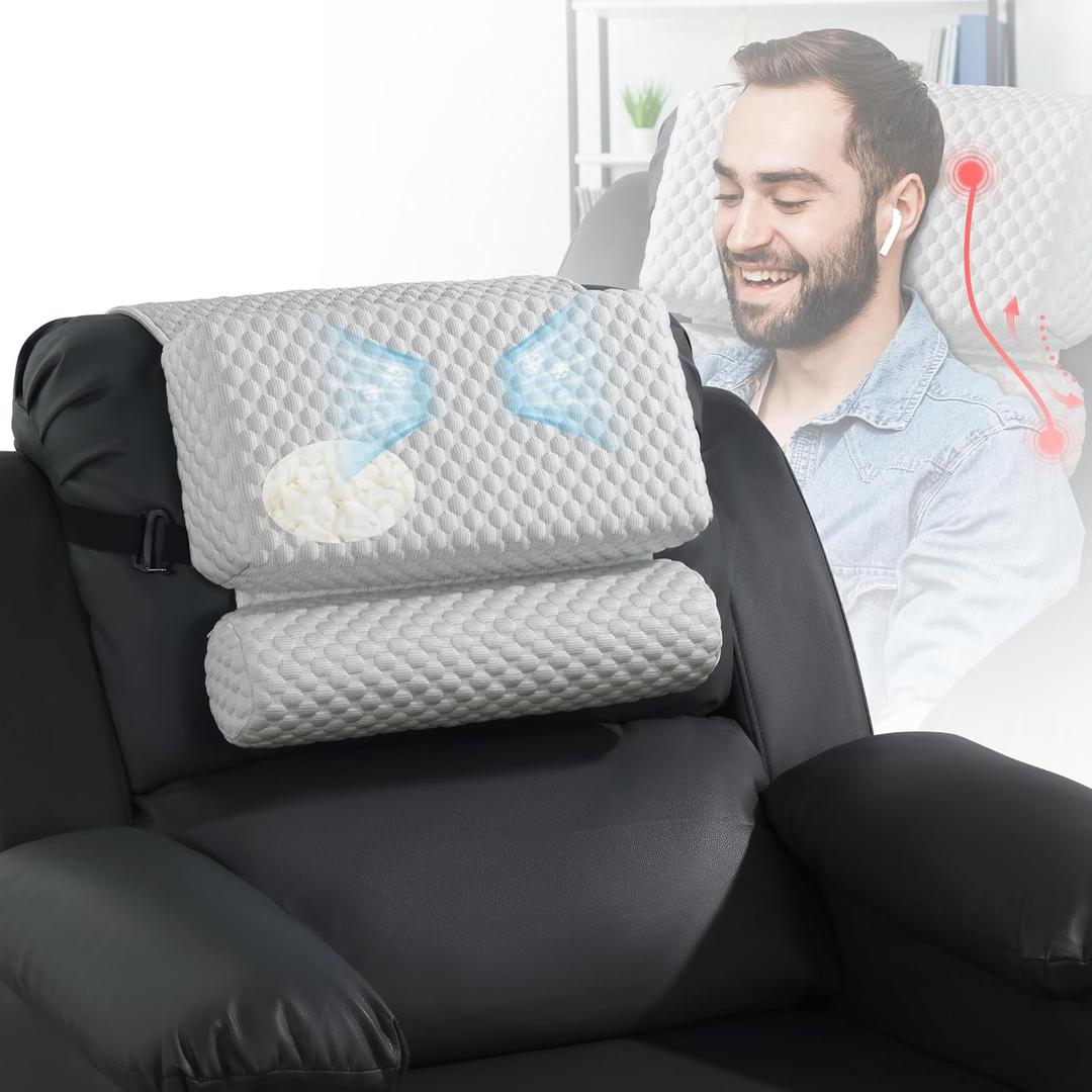 HOMBYS Cooling Headrest Neck Pillow with Shoulder Pillow for Recliner with Shredded Gel Memory Foam Filling, Extra Large & Non-Slip Neck Pillow Provide Head, Neck & Shoulder Support, Grey (15.7"x12"x3")
